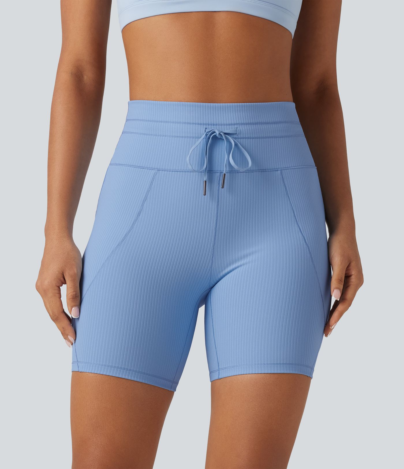 Ribbed Knit High Waisted Drawstring Quick Dry Yoga Biker Shorts 6'' with Pockets-UPF50+