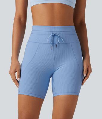 Ribbed Knit High Waisted Drawstring Quick Dry Yoga Biker Shorts 6'' with Pockets-UPF50+