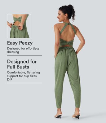 U Neck Harem Casual Jumpsuit with Pockets-Easy Peezy Edition DD-F Cups