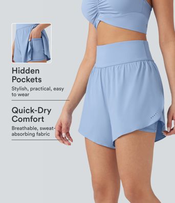 SoftlyZero™ QuickDry High Waisted Tummy Control Reflective Dots Crossover Hem 2-in-1 Running Shorts 5'' with Pockets