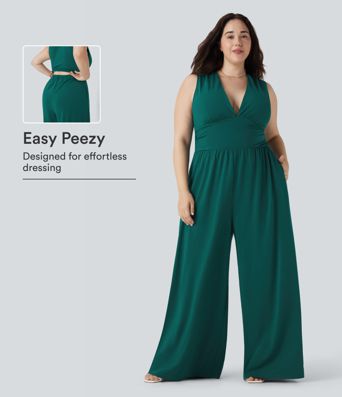 Plus Size V Neck Sleeveless Jumpsuit with Pockets-Easy Peezy Edition