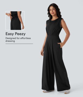 SoftlyZero™ QuickDry Round Neck Sleeveless Keyhole Pocket Yoga Jumpsuit-Easy Peezy Edition