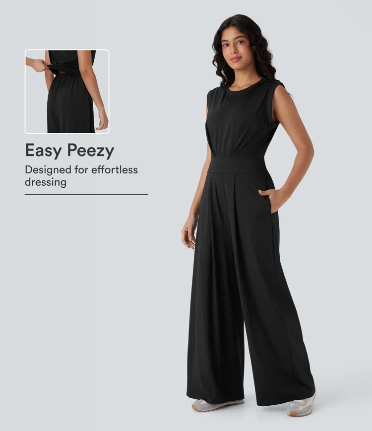 SoftlyZero™ QuickDry Mono de yoga con cuello redondo, sin mangas, abertura tipo 'keyhole' y bolsillo — Edición Easy Peezy
