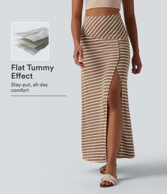 Ribbed Knit High Waisted Tummy Control Stripe Maxi Casual Skirt