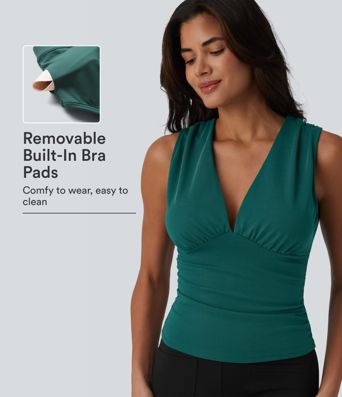 V Neck Ruched Built-in Bra Work Tank Top