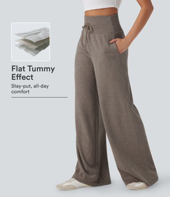 Ribbed Knit High Waisted Tummy Control Drawstring Casual Wide Leg Baggy Pants with Pockets Ribbed Knit High Waisted Tummy Control Drawstring Casual Wide Leg Baggy Pants with Pockets