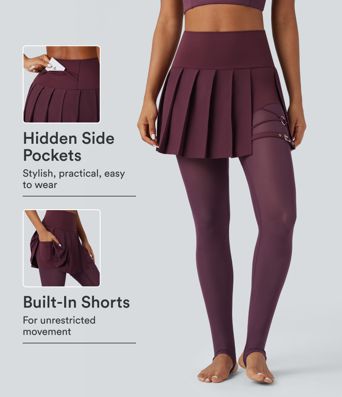 Breezeful™ High Waisted Pleated 2-in-1 Contrast Mesh Quick Dry Dance Stirrup Skirted Leggings with Pockets