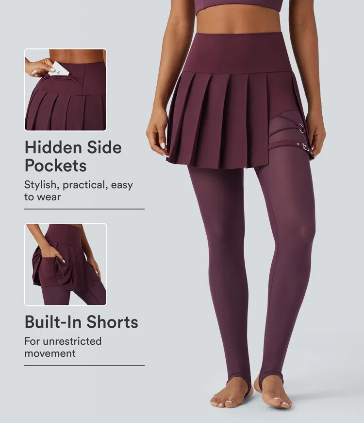 Breezeful™ legging-jupe 2 en 1 à taille haute, plissé, avec empiècements en mesh contrastant, bride sous le pied (stirrup), séchage rapide et poches