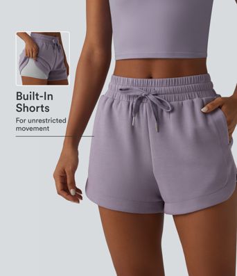 SpacerTek™ Mid Rise Drawstring Curved Hem 2-in-1 Workout Baggy Sweat Shorts with Pockets