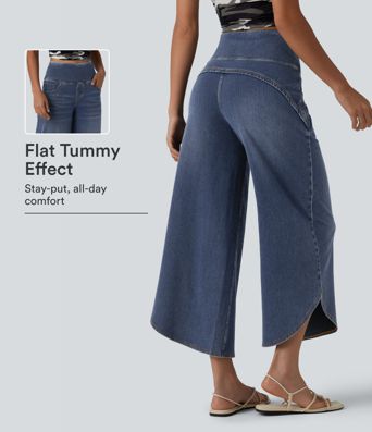 Halara Flex™ High Waisted Tummy Control Curved Hem Casual 7/8 Wide Leg Jeans with Pockets