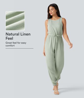 Round Neck Sleeveless Drawstring Linen-Feel Casual Jumpsuit with Pockets