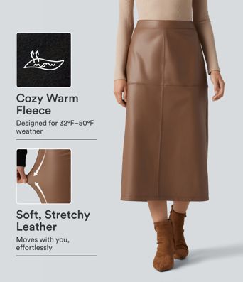 High Waisted Invisible Zipper Split Stretchy PU Fleece Midi Work Pencil Skirt