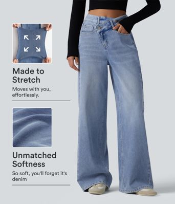 Halara Flex™ Asymmetric High Waisted Washed Casual Baggy Jeans with Pockets