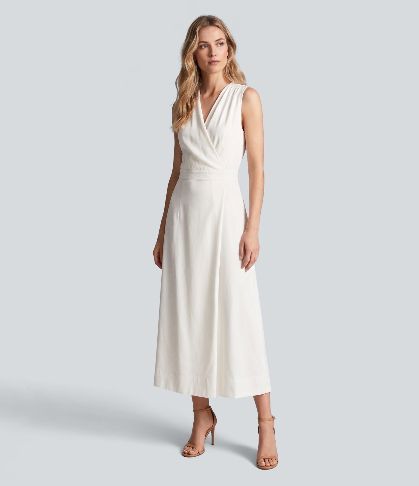 Ärmelloses Midikleid in Leinenoptik mit V-Ausschnitt