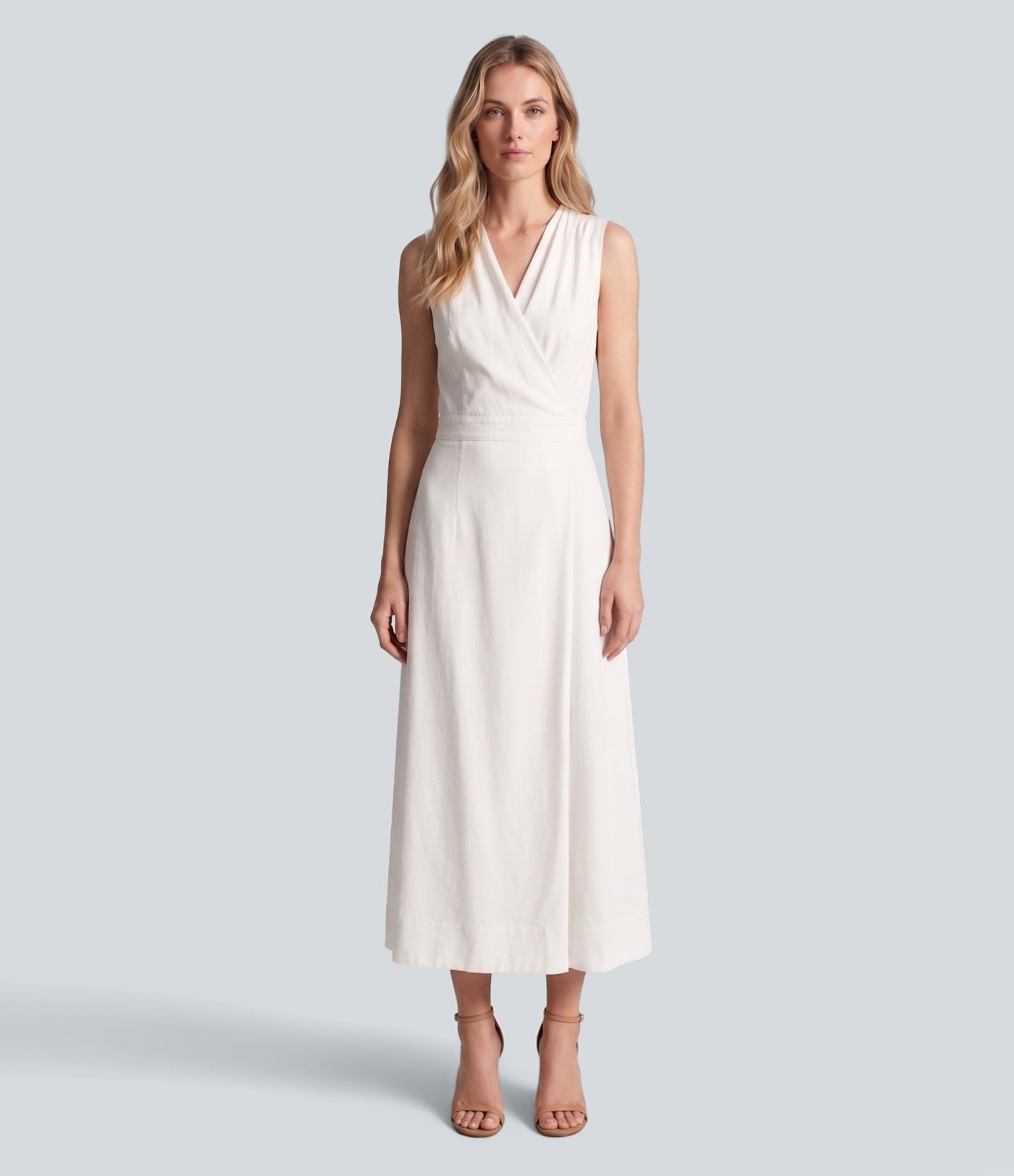 Ärmelloses Midikleid in Leinenoptik mit V-Ausschnitt