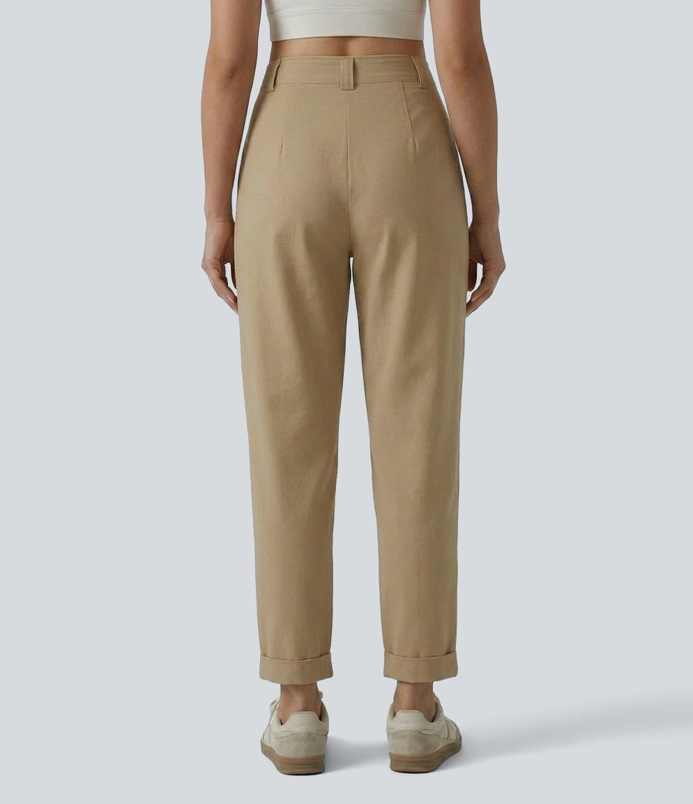 Schmal zulaufende Bürohose aus Baumwolle mit mittelhohem Bund, Seitentaschen und umgeschlagenem Saum
