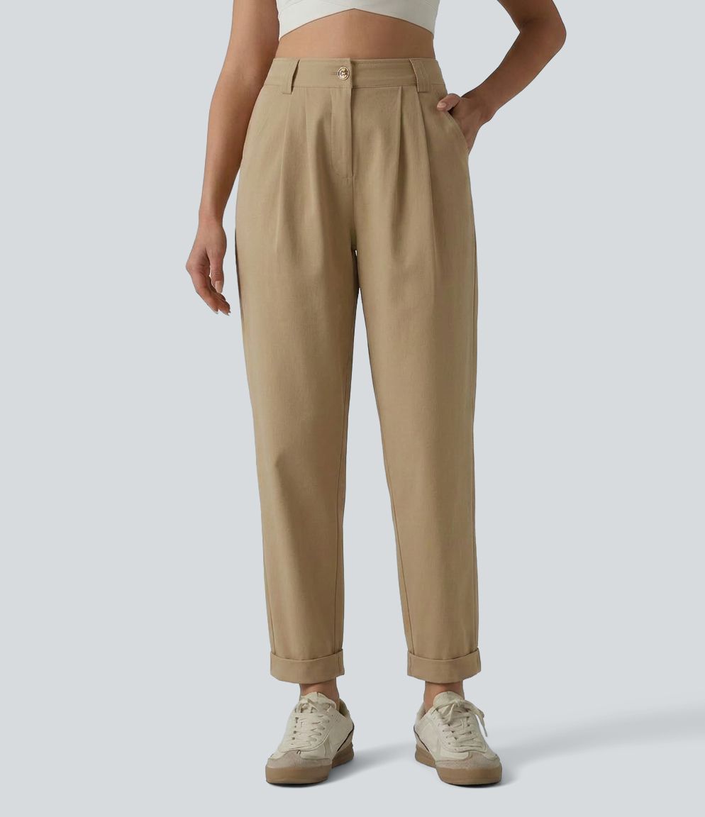 Schmal zulaufende Bürohose aus Baumwolle mit mittelhohem Bund, Seitentaschen und umgeschlagenem Saum