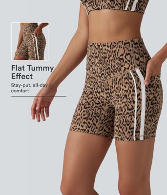 Halara UltraSculpt™ Leopard Print High Waisted Tummy Control Color Block Stripe Training Biker Shorts 5'' with Pockets