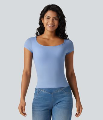 High Stretch Square Neck Built-in Bra Short Sleeve Casual T-Shirt B-DD Cups
