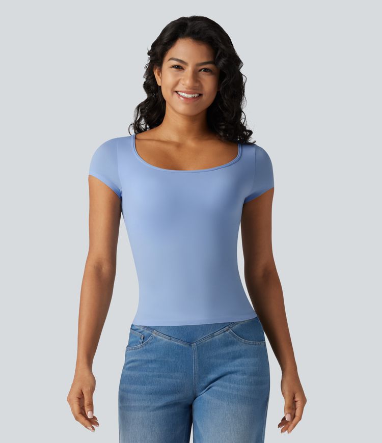High Stretch Square Neck Built-in Bra Short Sleeve Casual T-Shirt B-DD Cups