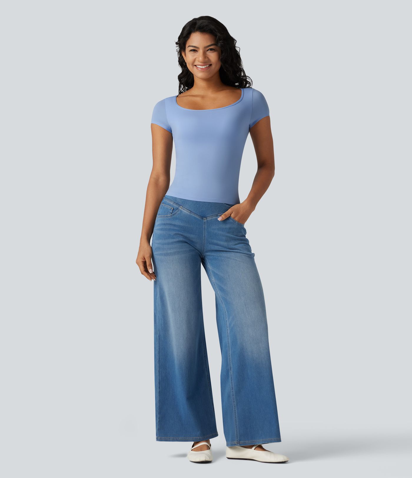 High Stretch Square Neck Built-in Bra Short Sleeve Casual T-Shirt B-DD Cups