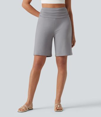 High Waisted Ruched Casual Bermuda Shorts with Pocket