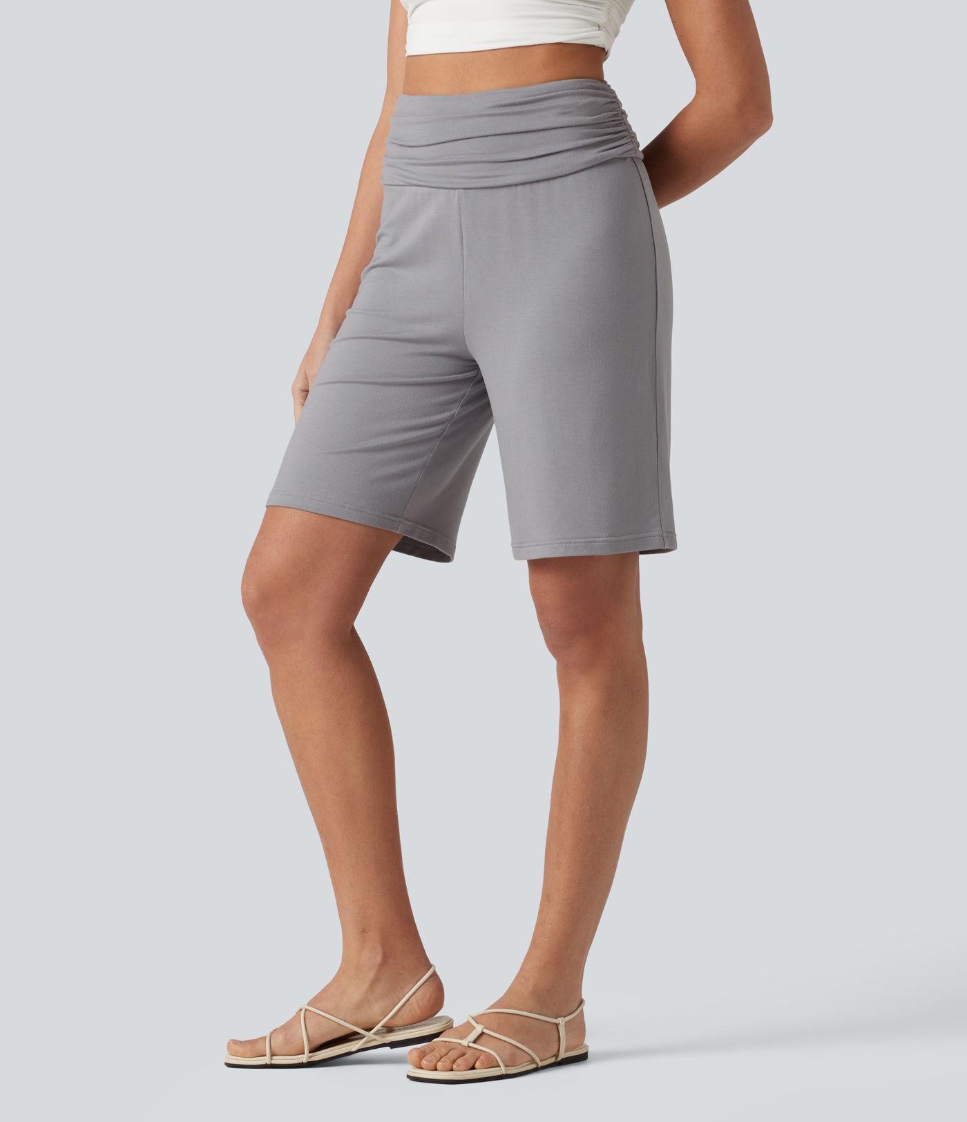 High Waisted Ruched Casual Bermuda Shorts with Pocket