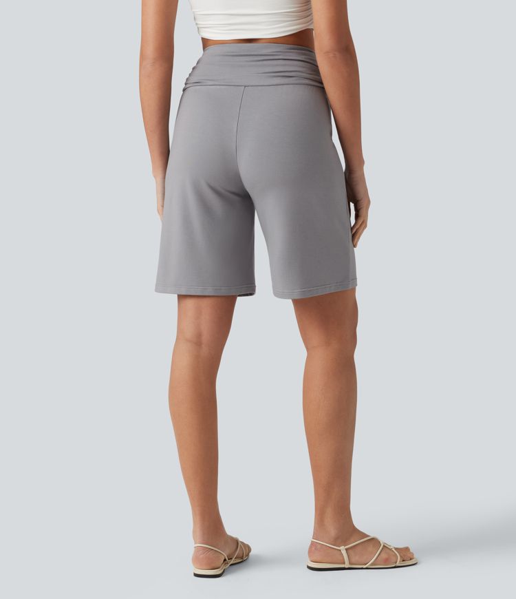 High Waisted Ruched Casual Bermuda Shorts with Pocket