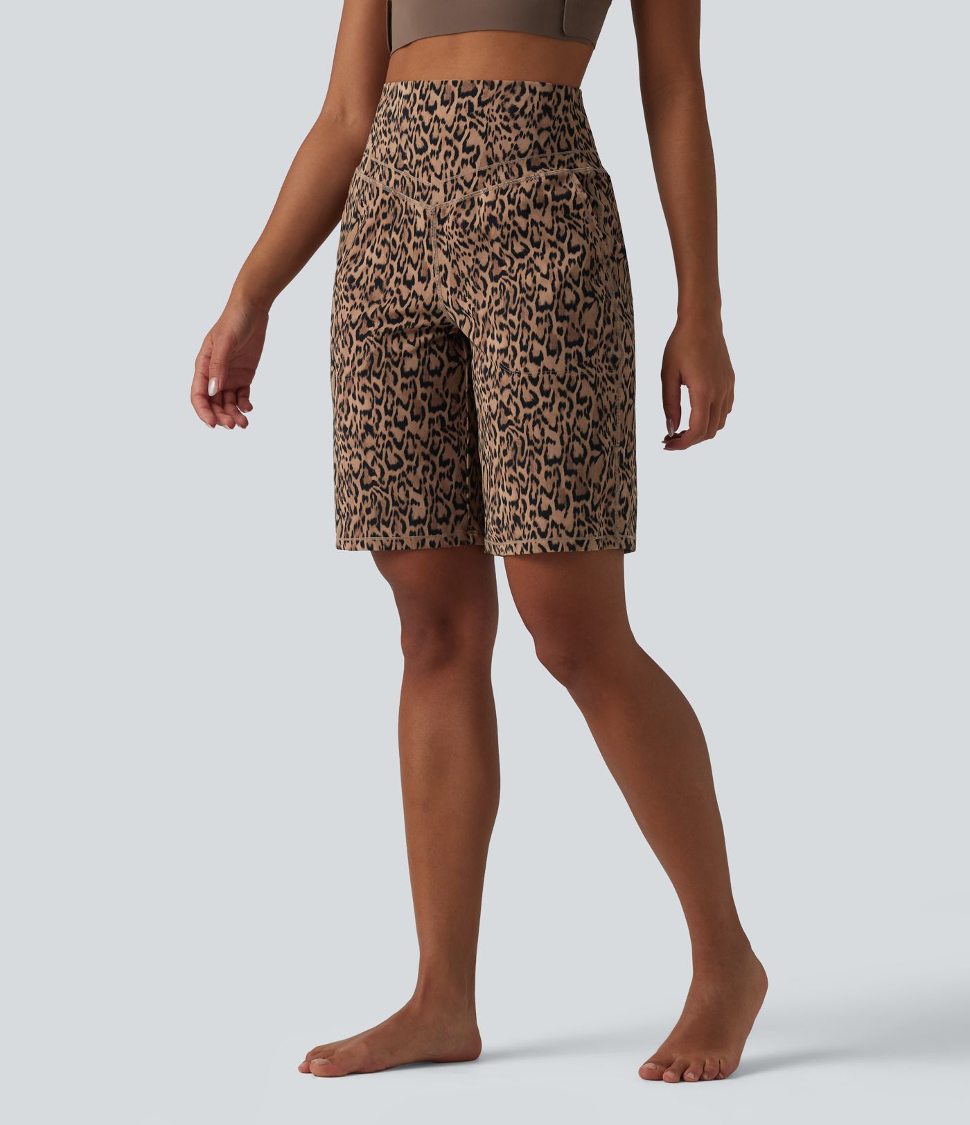 Halara UltraSculpt™ Leopard Print High Waisted Tummy Control Straight Leg Yoga Shorts 10'' with Pockets