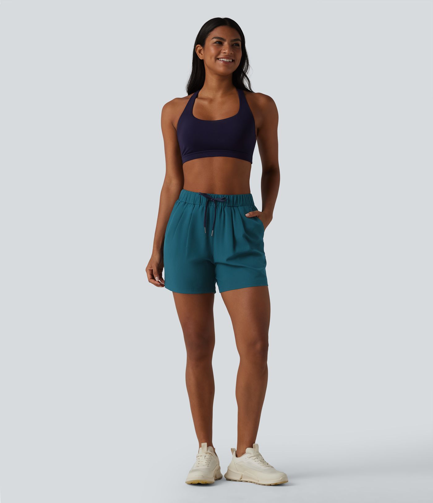 High Waisted Elastic Waistband Drawstring Pleated Yoga Shorts 5" with Pockets High Waisted Elastic Waistband Drawstring Pleated Yoga Shorts 5" with Pockets