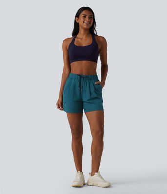 High Waisted Elastic Waistband Drawstring Pleated Yoga Shorts 5" with Pockets High Waisted Elastic Waistband Drawstring Pleated Yoga Shorts 5" with Pockets