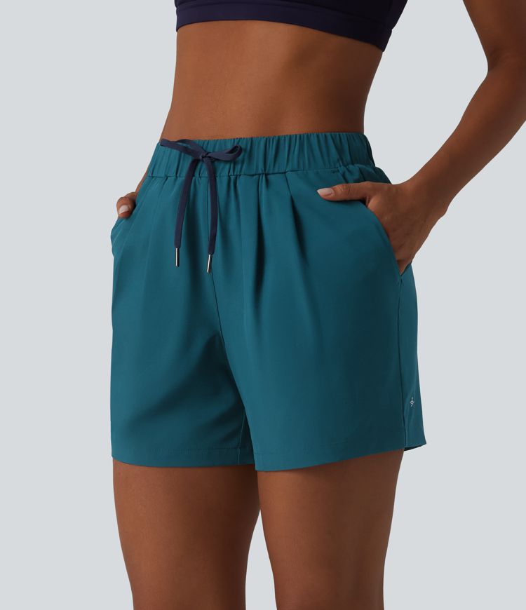 High Waisted Elastic Waistband Drawstring Pleated Yoga Shorts 5" with Pockets High Waisted Elastic Waistband Drawstring Pleated Yoga Shorts 5" with Pockets