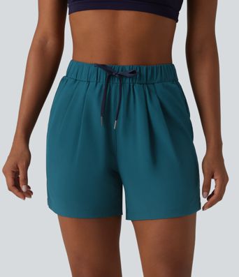 High Waisted Elastic Waistband Drawstring Pleated Yoga Shorts 5" with Pockets High Waisted Elastic Waistband Drawstring Pleated Yoga Shorts 5" with Pockets