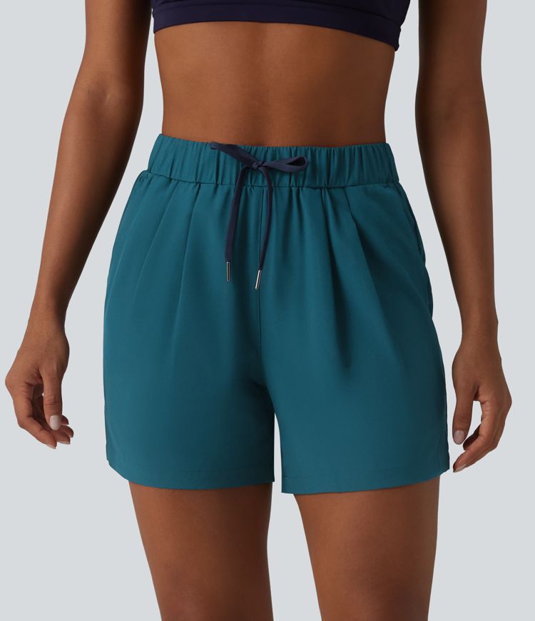 High Waisted Elastic Waistband Drawstring Pleated Yoga Shorts 5" with Pockets High Waisted Elastic Waistband Drawstring Pleated Yoga Shorts 5" with Pockets