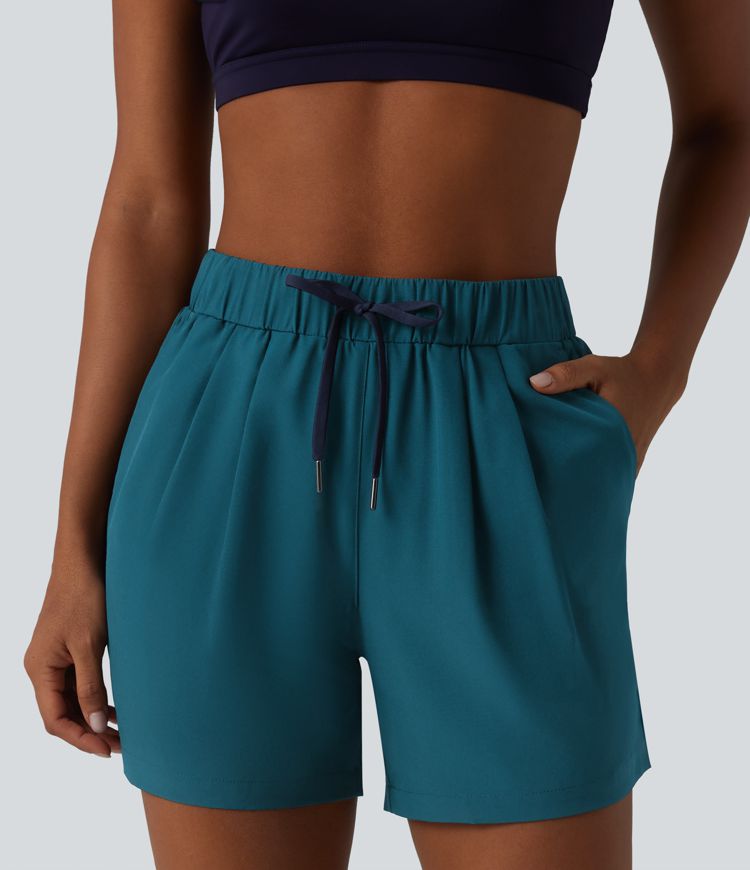High Waisted Elastic Waistband Drawstring Pleated Yoga Shorts 5" with Pockets High Waisted Elastic Waistband Drawstring Pleated Yoga Shorts 5" with Pockets
