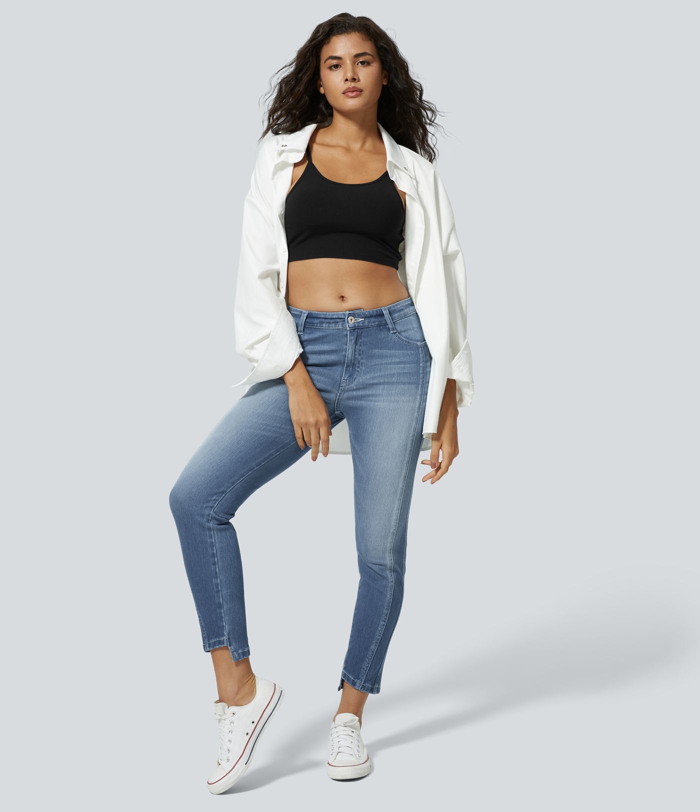 Jeans ajustado elástico cremallera botón tiro medio múltiple bolsillo Jeans ajustado elástico cremallera botón tiro medio múltiple bolsillo