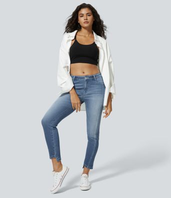 Jeans ajustado elástico cremallera botón tiro medio múltiple bolsillo Jeans ajustado elástico cremallera botón tiro medio múltiple bolsillo