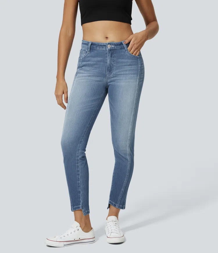 Sea Blue Denim Halara Flex™ Mid Rise Zipper Pockets Women Casual Skinny Denim Jeans / 2