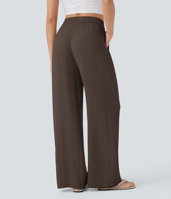 Lässige Hose mit Leinengefühl, hoher Taille, Kordelzug an der Seite und weitem Bein