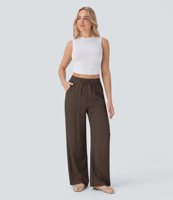 Lässige Hose mit Leinengefühl, hoher Taille, Kordelzug an der Seite und weitem Bein