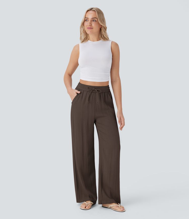Lässige Hose mit Leinengefühl, hoher Taille, Kordelzug an der Seite und weitem Bein