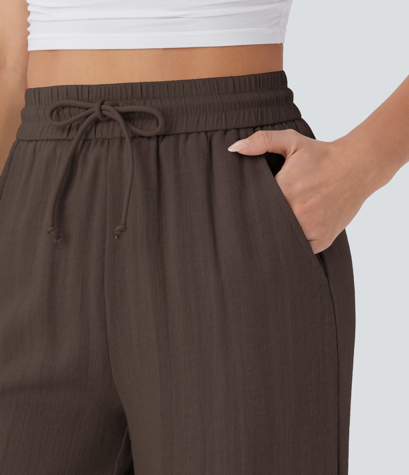 Lässige Hose mit Leinengefühl, hoher Taille, Kordelzug an der Seite und weitem Bein