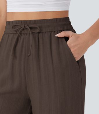 Lässige Hose mit Leinengefühl, hoher Taille, Kordelzug an der Seite und weitem Bein