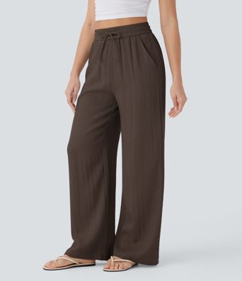 Lässige Hose mit Leinengefühl, hoher Taille, Kordelzug an der Seite und weitem Bein