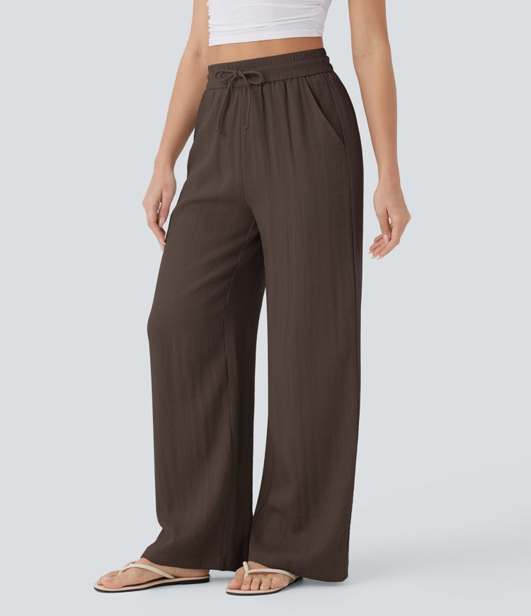 Lässige Hose mit Leinengefühl, hoher Taille, Kordelzug an der Seite und weitem Bein