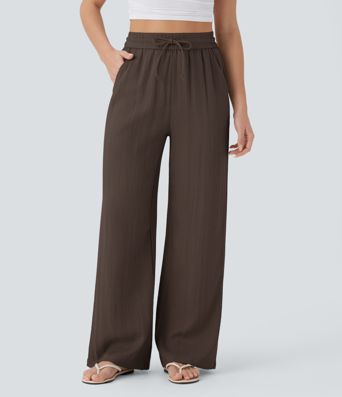 Lässige Hose mit Leinengefühl, hoher Taille, Kordelzug an der Seite und weitem Bein