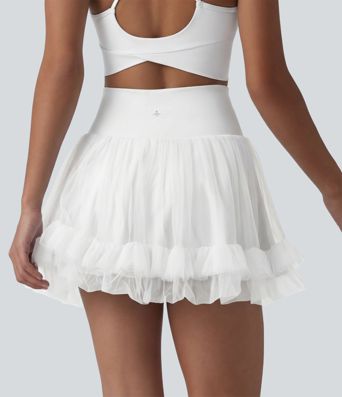 High Waisted Tummy Control Contrast Mesh 2-in-1 Mini Workout Skirt with Pockets