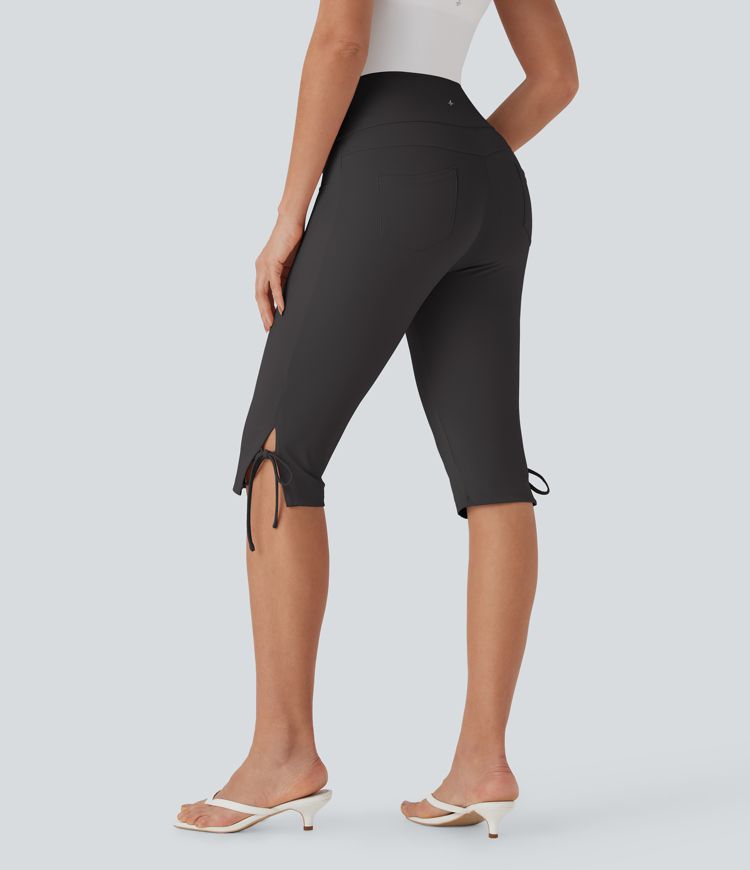 Mid Rise Lace Up Capri Casual Pants with Pockets