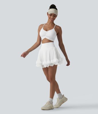High Waisted Tummy Control Contrast Mesh 2-in-1 Mini Workout Skirt with Pockets