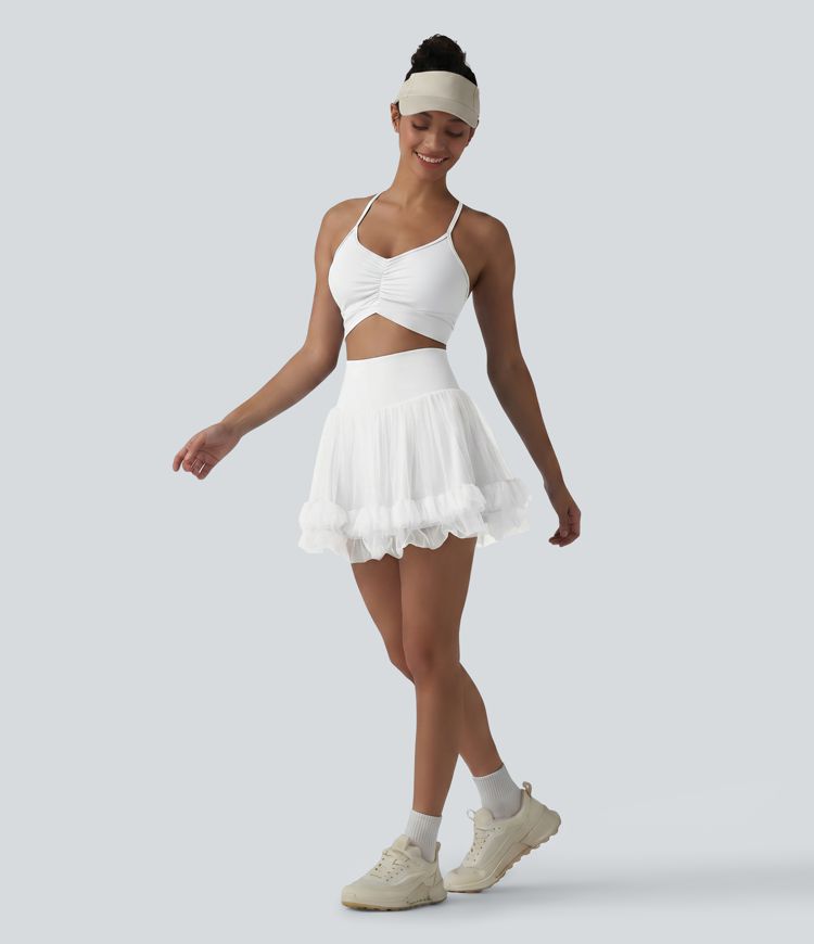 High Waisted Tummy Control Contrast Mesh 2-in-1 Mini Workout Skirt with Pockets